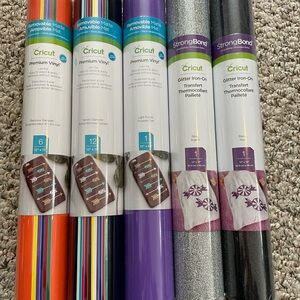 Five (5) Cricut Rolls - 3 Premium Vinyl Removable Matte, 2 Glitter Iron-On BNWT